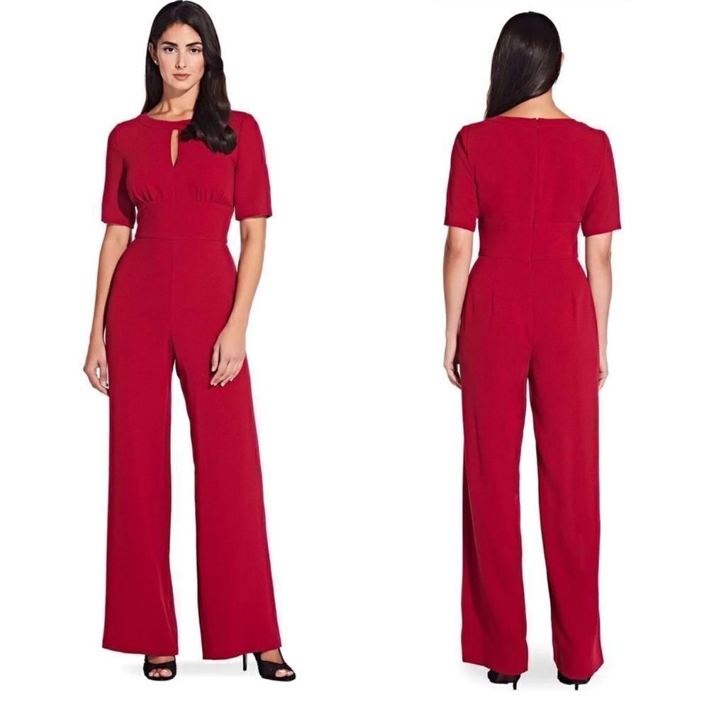 NWT Adrianna Papell  Holly Berry Bateau Guaze Crepe Wide Leg Jumpsuit AP1D103537